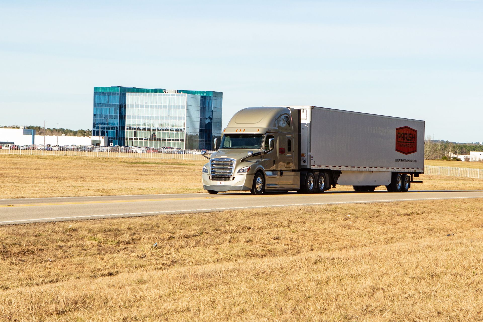 Parish Transport dry van semi-trailer en route to destination